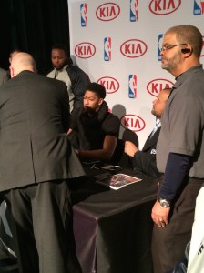 Anthony Davis signing autographs at NBA House on Friday, February 13.