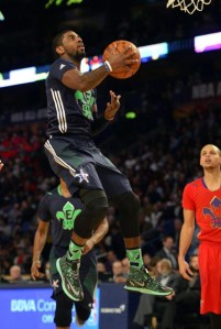 Kyrie Irving soars for a layup in the 2014 All-Star Game in New Orleans.