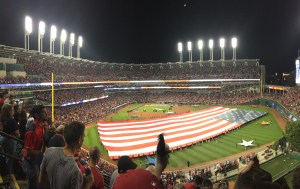 The crowd at Progressive Field stands for Game 1 of the ALDS on October 6. Photo Credit-Jeff Lansky